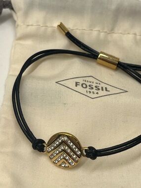Fossil Women's Black Leather Bracelet with Gold Rhinestone Chevron Charm